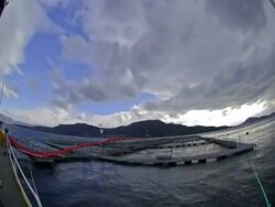 T/L clouds passing over fish farm, Japan Stock Footage
