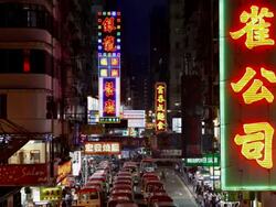  Elevated view over a typical street scene and Neon lights in Mong Kok district, Kowloon, Hong Kong, China, Time-lapse Stock Footage