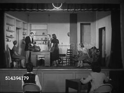 1953: CAMDEN, SOUTH CAROLINA: MS Handmade window card 'Camden Players present The Shop at Sly Corner...' , Raising card REVEALS Stage w/ rehearsal in progress, VS Beth Lindenstruth, Ted Marshall, Barbara Harmon, Ken Zabriskie , Babs Whelan rehearsing. Instructional Video