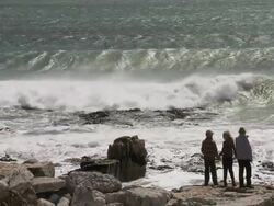 WS SLO MO Family watching wave crashing on rock / Elephant Beach, Falkland Islands, Falkland Islands Stock Footage