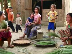 MS SLO MO Shot of Two women sitting and tying long grass together and another woman holding baby with boy standing next to her looking occasionally at towards / Muang Ngoi, Luang Prabang, Laos Stock Footage