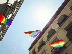 Rainbow Flag Gay Rights Pride in Madrid, Spain Stock Footage