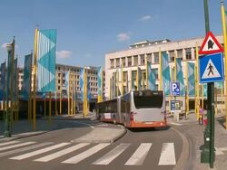 WS View of Square of Justice with permanent artistic intervention, blue and white flag of French artist Daniel Buren / Brussels, Brussels Capital Region, Belgium Stock Footage