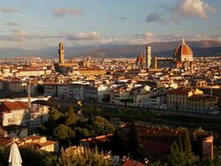 Magnificent elevated city view of Florence the Arno River and Duomo Cathedral, Florence, Italy Stock Footage
