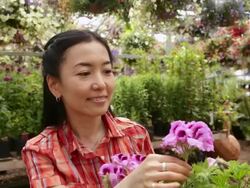Woman examining flower in plant nursery greenhouse Stock Footage