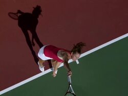 SLO MO, WS, HA, Young woman serving tennis ball, Santa Barbara, California, USA Stock Footage