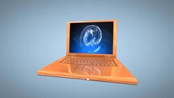 A gold laptop computer rotates against a blue background with an at sign showing on the monitor. Stock Footage
