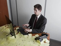 Stop Motion Track shot of businessman suddenly covered by Post It Stock Footage