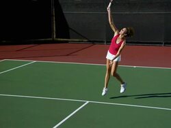 SLO MO, WS, HA, Young woman playing tennis, Santa Barbara, California, USA Stock Footage