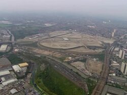 Aerial view wide shot construction site for 2012 Olympic Park / East London, England Stock Footage