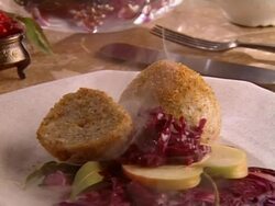 Cooked dumplings and red cabbage on plate Stock Footage
