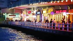 Galata Bridge on an Autumn evening with restaurants and crowd Stock Footage