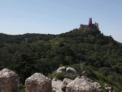 Sintra, view of Pena Palacs from the Castle of the Moors (Castelo dos Mouros),, Sintra  Stock Footage