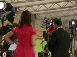 MS Shot of television news crews working outside during G8 meeting / Hokkaido Toyako, Japan Stock Footage