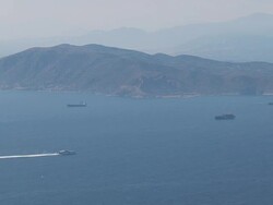 MS AERIAL ZO Shot of seajet and many freighters / Piraeus, Peloponnese, Greece Stock Footage