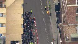 Worlds Media and Press outside Lindo Wing Aerials News Clip