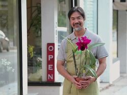 MS PAN Portrait of florist holding potted orchid in front of flower store / Richmond, Virginia, United States Stock Footage