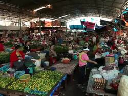 WS PAN Shot of vegetables traders and customers in market / Vientiane, Laos Stock Footage