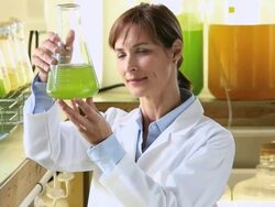 MS Scientist in Biology Tech Laboratory Inspecting Liquid in Beaker / Eastville, Virginia, United States Stock Footage