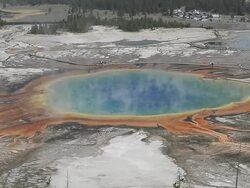 WS Grand Prismatic Spring at Midway Geyser Basin, It is the largest hot spring in the USA, UNESCO World Heritage Site, Grand Prismatic Spring, Midway Geyser Basin, Yellowstone National Park, Teton County / Yellowstone, Wyoming, United States Stock Footage