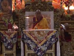 MS Dalai Lama sitting in elaborate chair listening to man speak AUDIO / Dharamsala, Himachal Pradesh, India Stock Footage