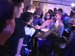 Nickelback's Chad Kroeger greets fans at the LA Kings vs NY Rangers Game 5 Stanley Cup Finals at the Staples Center in Los Angeles Stock Footage