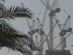 MS PAN ZI Palm Tree to tall building under constrtuction with five cranes on roof/  Manamba,Bahrain Stock Footage