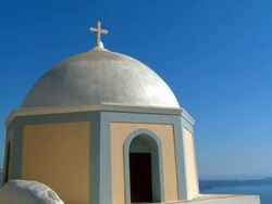 MS Shot of church near Thira / Santorini, Cyclades, Greece Stock Footage