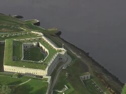 WS AERIAL ZI ZO DS View of Fort Knox and Penobscot Narrows bridge / Maine, United States Stock Footage