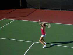 SLO MO, WS, HA, Young woman playing tennis, Santa Barbara, California, USA Stock Footage