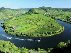 HA Boats traveling on bend in river Mosel past town of Bremm / Rhineland-Palatinate, Germany Stock Footage