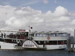 WS PAN View of genuine paddle steamer P.S. Decoy at ferry terminal  / Perth, Western Australia, Australia Stock Footage