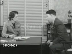 1951: GUIDANCE CENTER: DRAMATIZATION: Social Worker talking w/ 'Mr Warren' SOT saying having problem w/ daughter 'Martha', stole money from babysitting job. Instructional Video