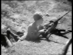 B/W 1960's truck point of view past soldiers with guns on ground / Vietnam / SOUND Stock Footage