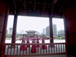 MS TU Group of Korean fan dance group performing behind Gyeongbokgung Palace / Seoul, South Korea  Stock Footage