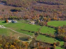 WS AERIAL Wooded area with autumn colors and small house nesting in trees / Connecticut, United States Stock Footage