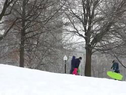 Children & adults play as a massive blizzard hits Stock Footage