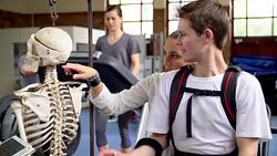 Physical therapist and man discussing spinal injury Stock Footage