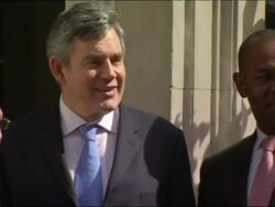 Sir Stirling Moss with Gordon Brown outside 10 Downing Street tp promote a Charity for the Blind Stock Footage