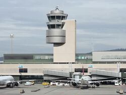 Airport with aircraft and radar tower Stock Footage