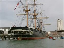 Portsmouth, HMS Warrior: first ironclad warship built for the Royal Navy. 2004; short sequence. Stock Footage