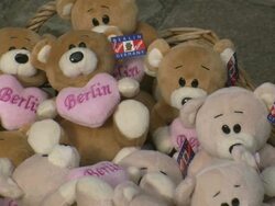  CU Toy of Berlin bears in stores at Nikolai quarter / Berlin, Germany Stock Footage