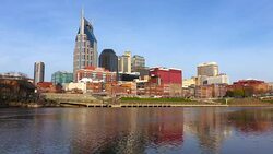 Downtown Nashville skyline along the Cumberland River Stock Footage