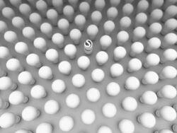 CGI lowering from birds eye view over infinite old bulbs / New bulb in center rising and glowing Stock Footage