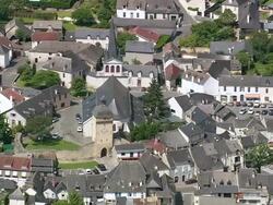 MS AERIAL church in Pontacq Village / Aquitaine, France Stock Footage