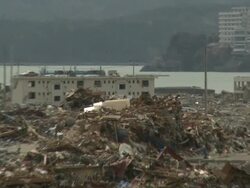 Destruction in Shizugawa city, Miyagi, Japan on 3rd April 2011; after tsunami following Tohuku earthquake of March 2011. Stock Footage