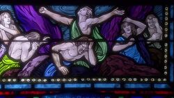 Stained glass depicts a religious scene. Stock Footage