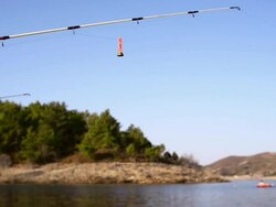 Fishing rods hanging nearby a lake Stock Footage
