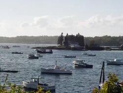 Booth Bay in Maine with lobster boats and shore. Stock Footage