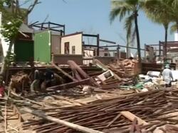 MS Post Boxing Day 2004 Tsunami, pan left across building destruction, Khao Lak, Thailand Stock Footage